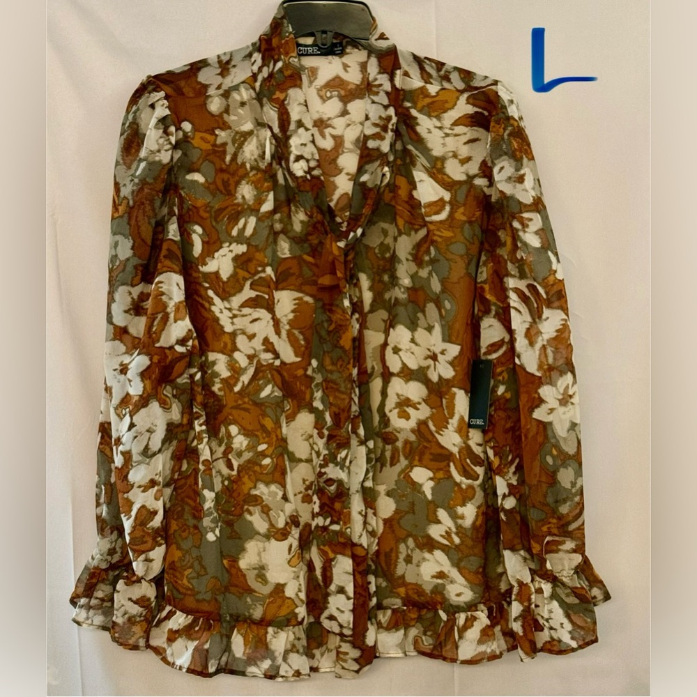 Chic Sheer Floral Blouse - Brown and White